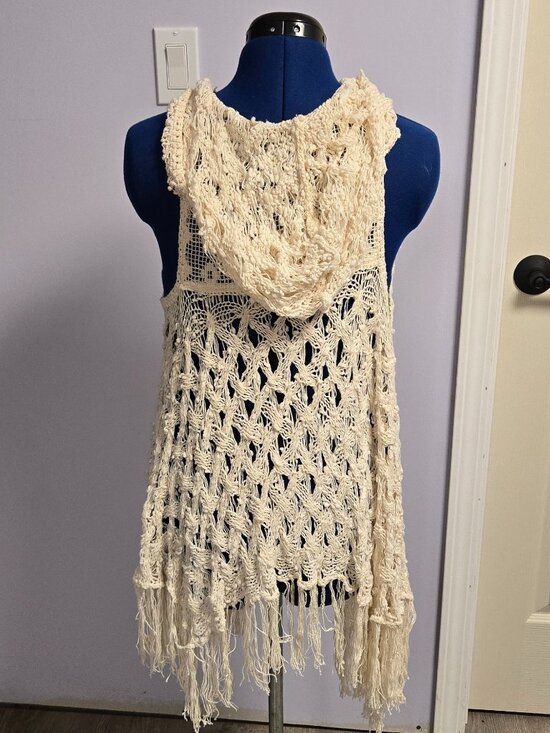 Free People Jackets & Blazers - Free People Crochet Knit Hooded Fringe Vest, O/S, EUC